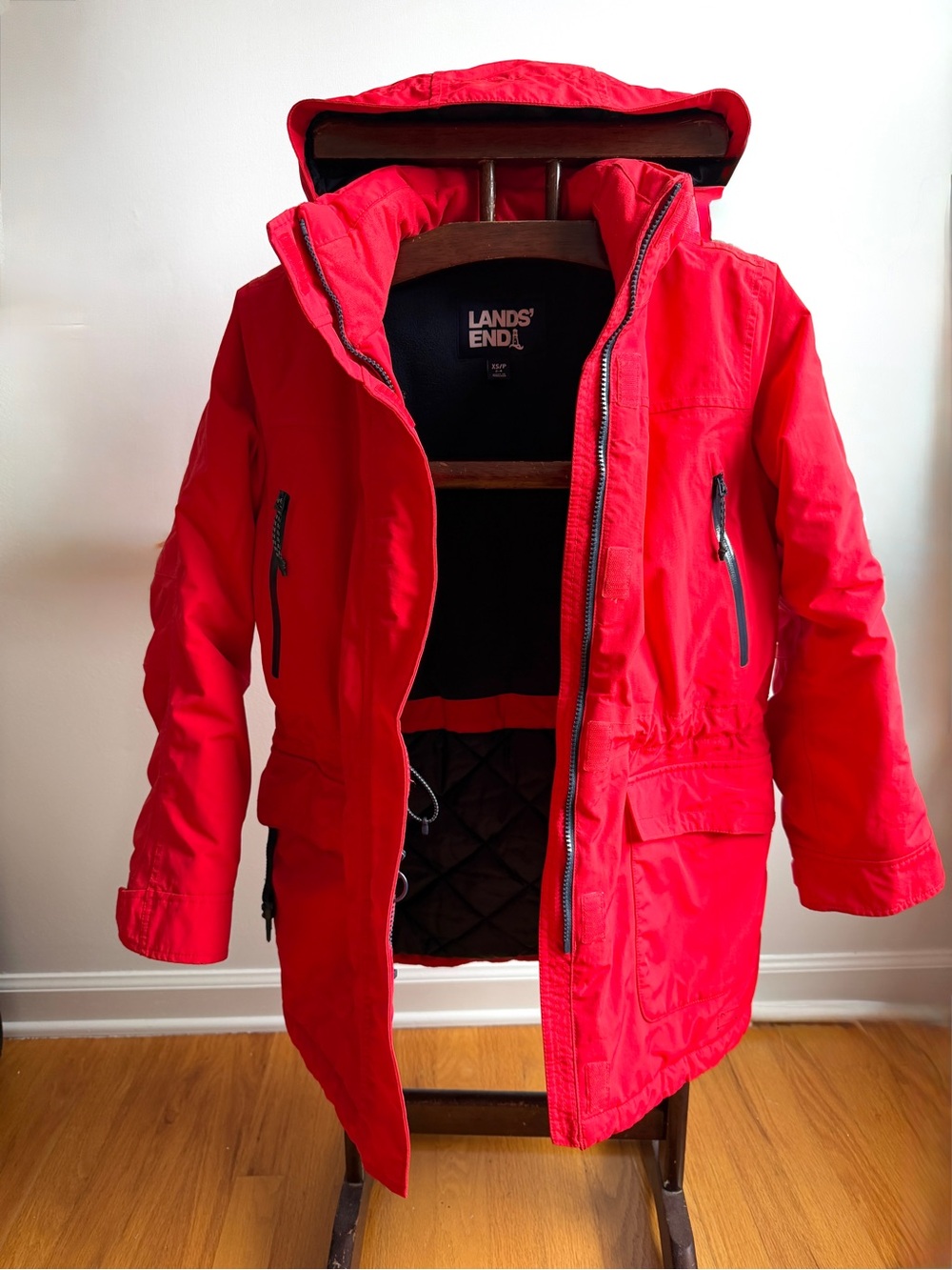 Lands' End Red Hooded Parka Jacket coat Squall Insulated Waterproof 2-4 XS/P